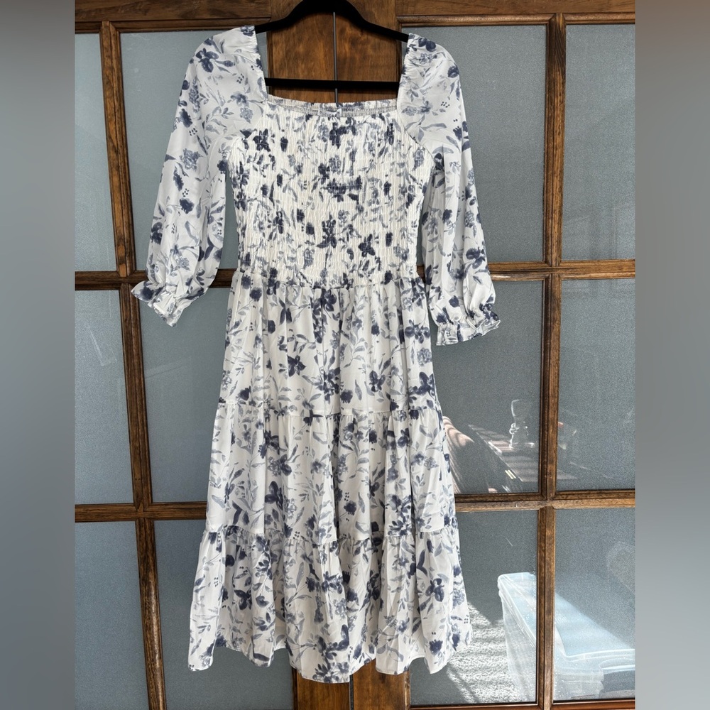 Baltic Born Blue and White Floral 3/4 Sleeve Midi Dress